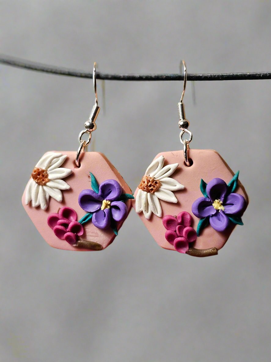 Hexagon Triple Flower Earrings