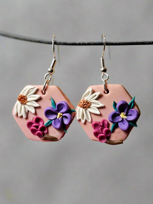 Hexagon Triple Flower Earrings